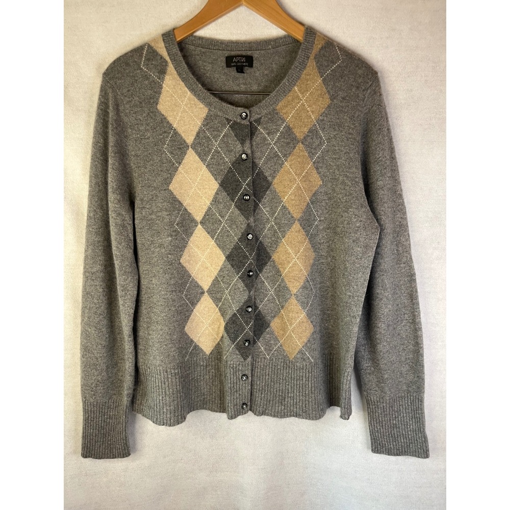 Apt 9 woman's 100% cashmere sweater gray argyle cardigan Sz XL button